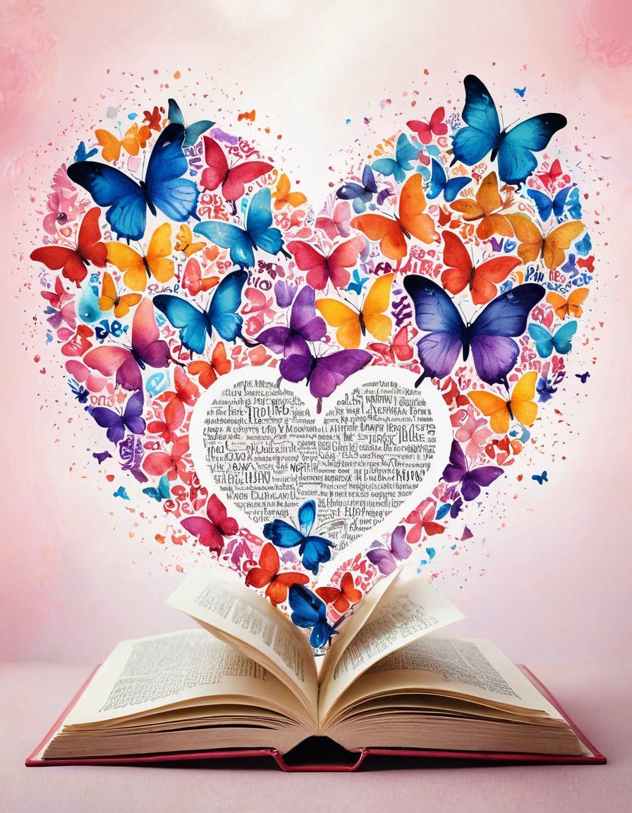 A beautifully designed heart composed of colorful words and phrases symbolizing love and emotions, surrounded by swirling clouds of ink. The background features an open book with pages turning, releasing vibrant butterflies shaped like letters, representing linguistic tools. Soft pastel colors create a romantic and dreamy atmosphere, inviting the viewer to explore the essence of love through language. watercolor art. vibrant colors. soft focus.