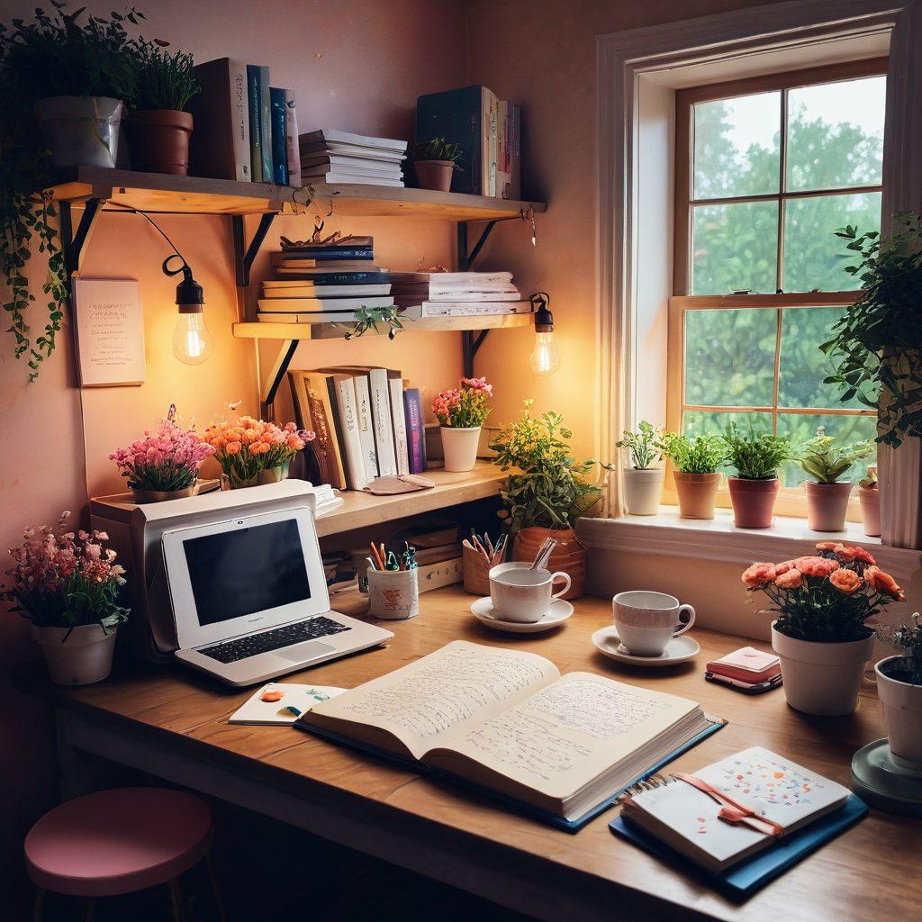 A cozy writing nook featuring an open notebook filled with heartfelt notes, surrounded by colorful stationery, a steaming cup of tea, and soft, warm lighting. In the background, a blooming garden symbolizes growth in communication. Include whimsical elements like flying hearts and playful letters in the air. pixel art. vibrant colors. cozy atmosphere.